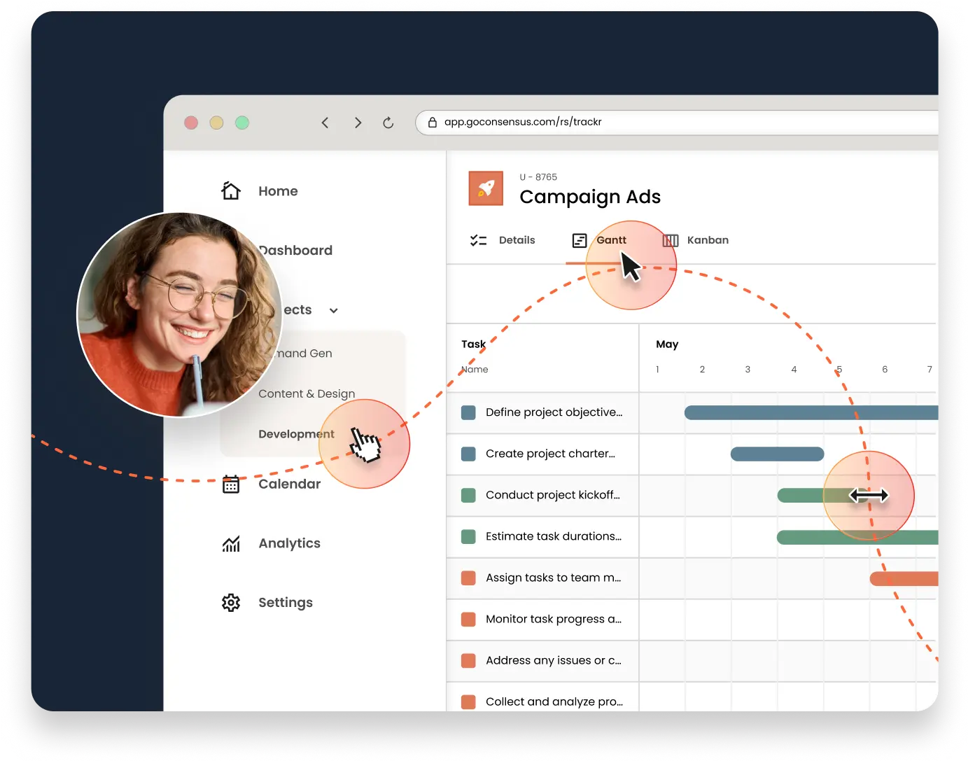 A computer screen displays an interactive project management dashboard with tasks, a smiling woman in a video call thumbnail, and a curved arrow pointing to a timeline chart, enhancing the experience as if on one of the best product tours. Consensus